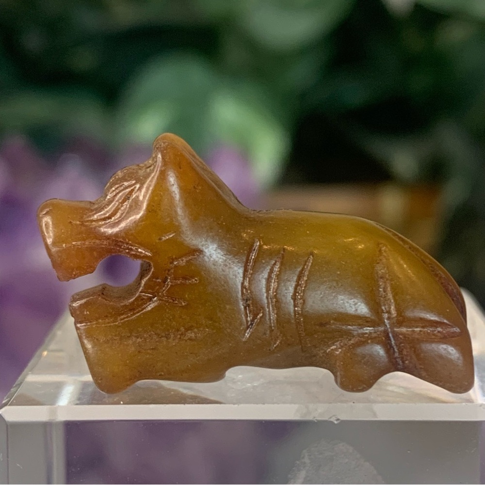 Hand Carved Jade Chinese Zodiac Tiger Drilled Animal Bead Stone Figurine 20th C. - Picture 3 of 15